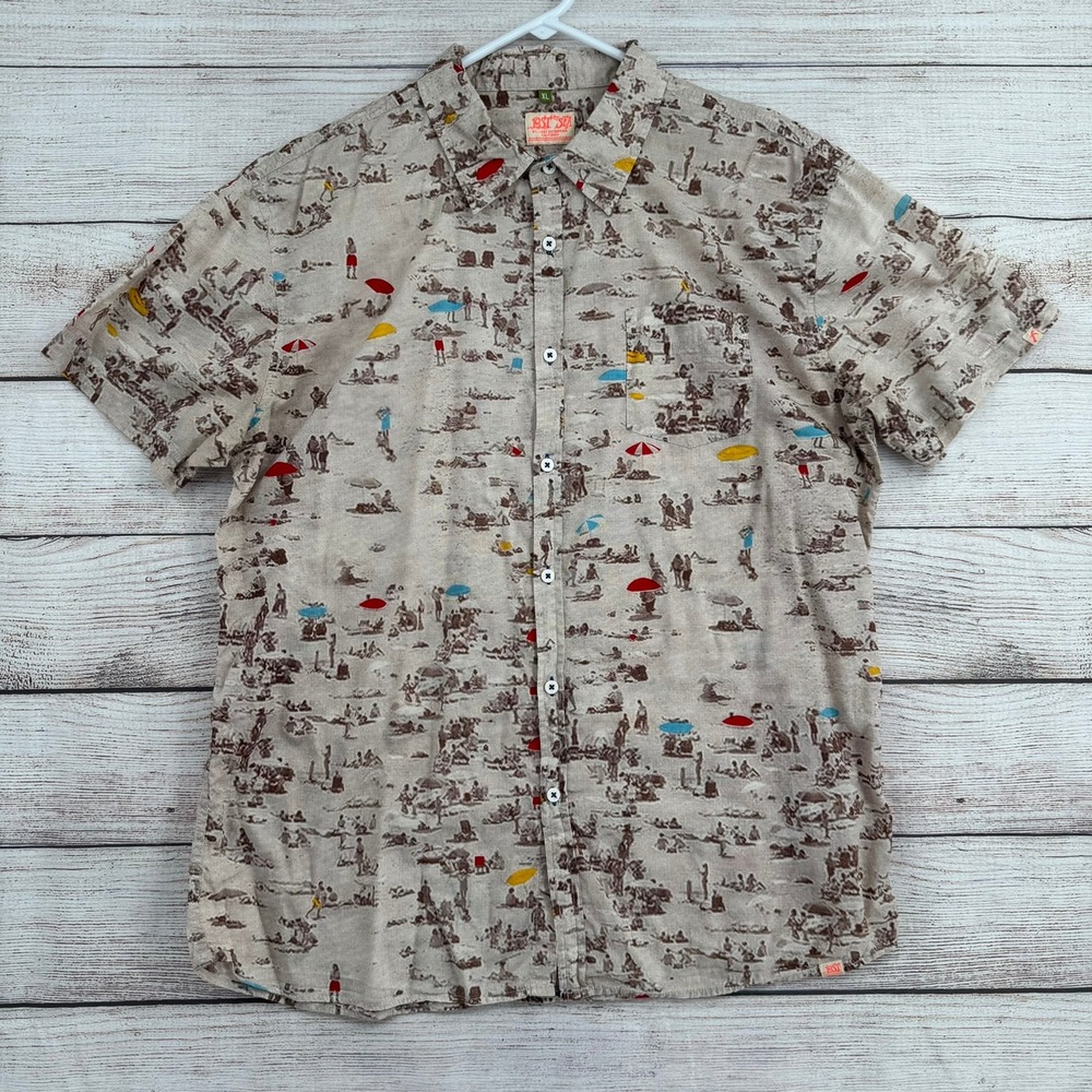 Lost Enterprises Lost at Sea Shirt Mens XL Tan Beach Scene Print Cotton